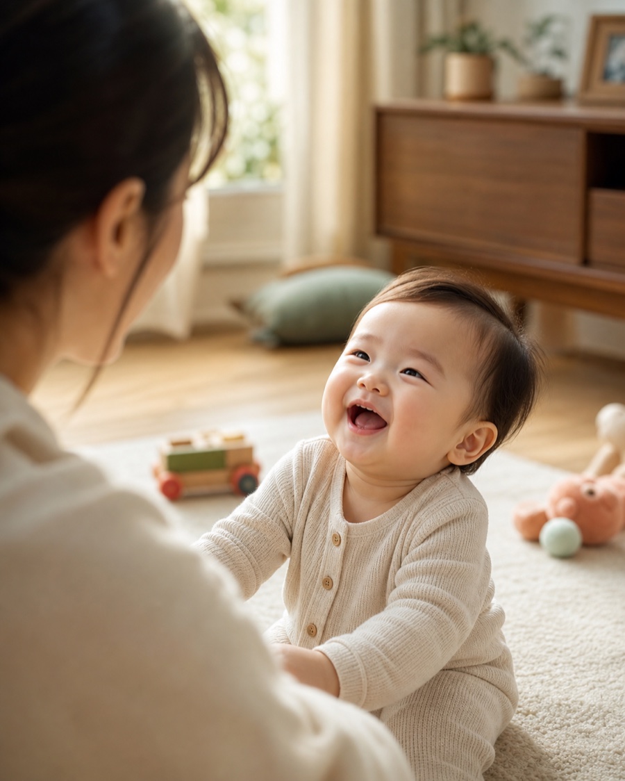 환하게 웃는 아기 사진이 온프레임 액자에 표시된 모습